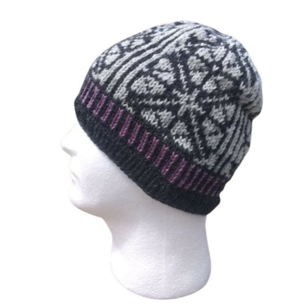 Womens Unisex Fair Isle Beanie Hat Gray Rose Viking Skully Hand Knit Wool Nordic